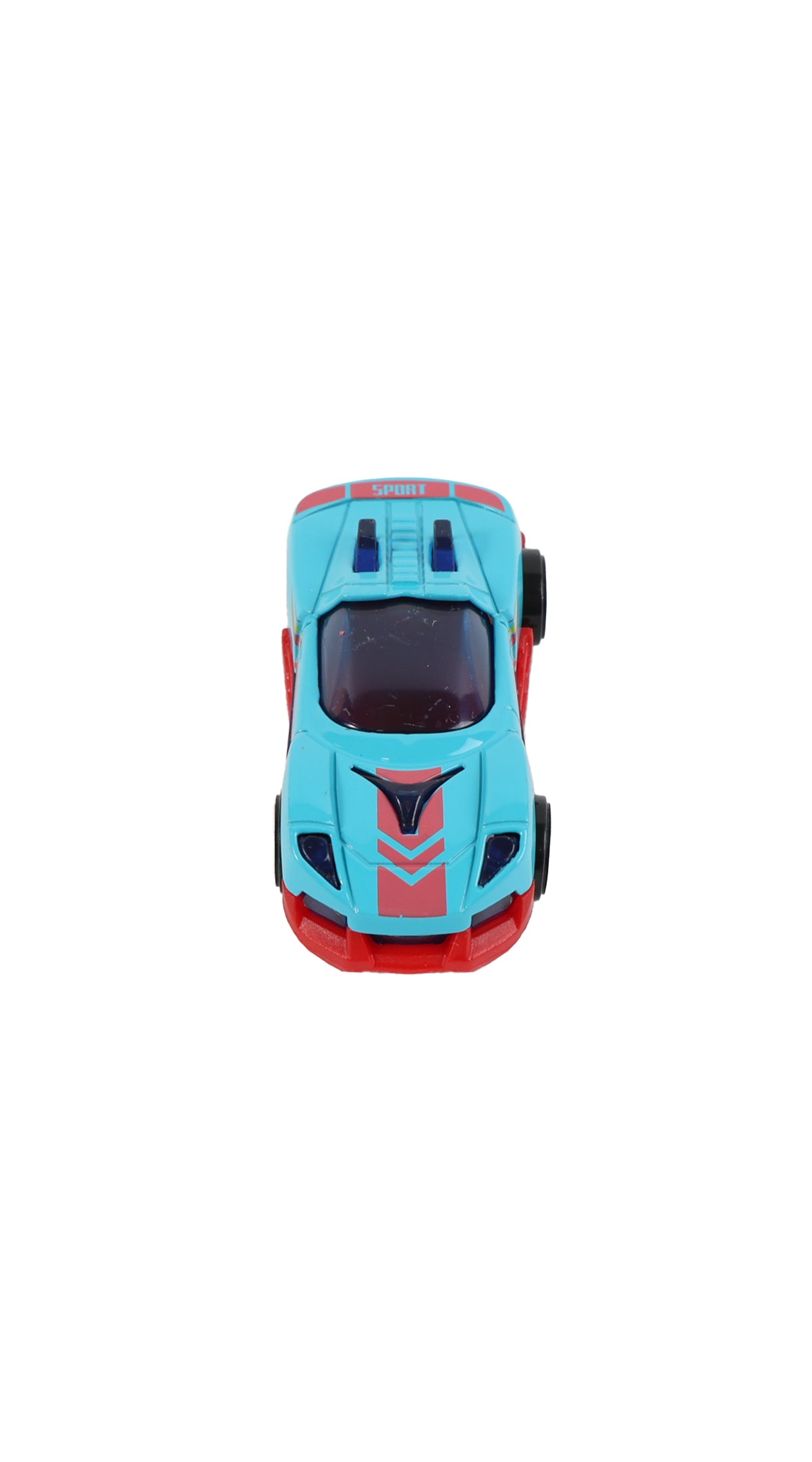 1:64 alloy toy car, light blue front view with red accents and graphic hood detail
