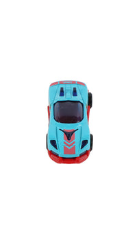 1:64 alloy toy car, light blue front view with red accents and graphic hood detail