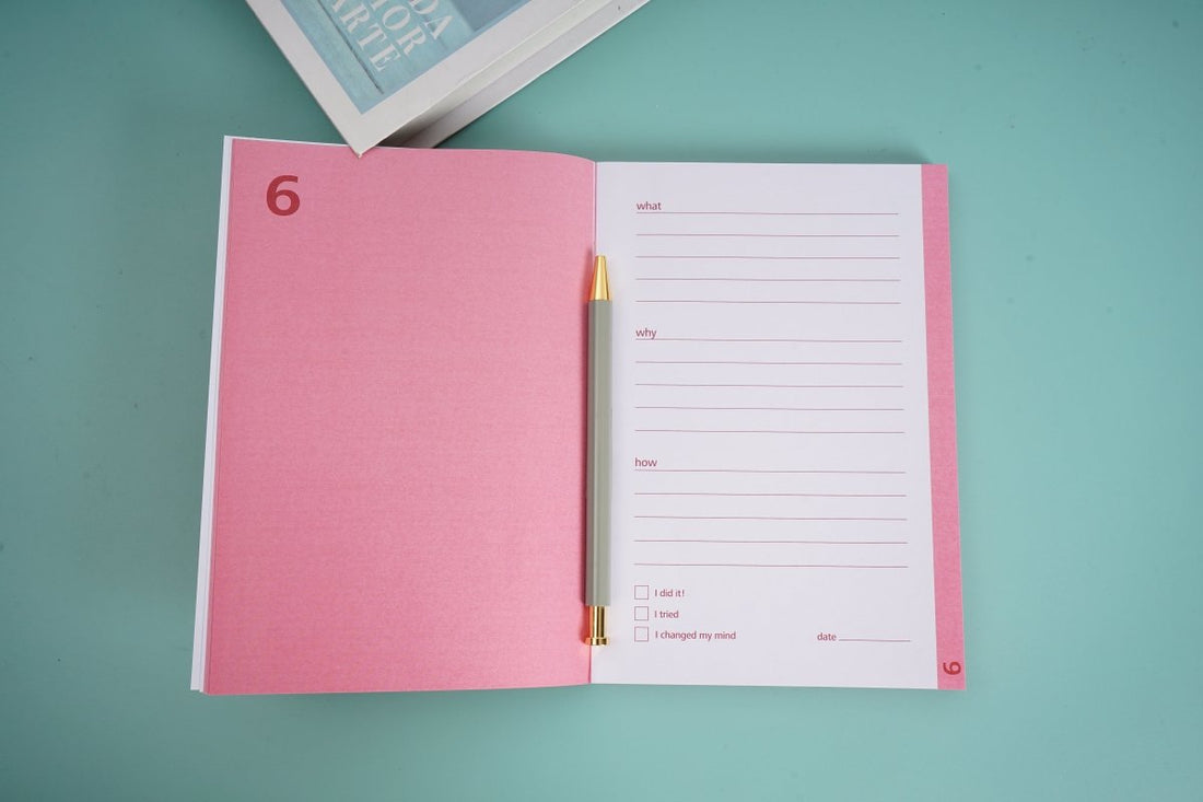 Open pink goal journal with lined pages, section '6', and pen in bookmark