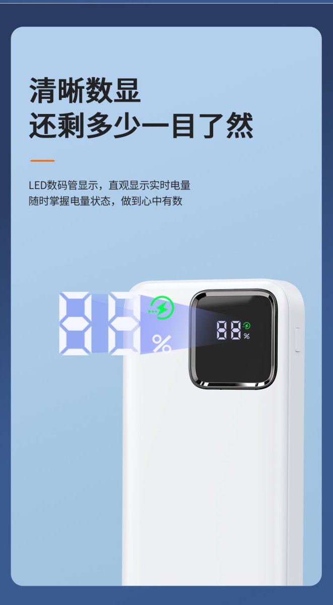 Close-up of white power bank with digital battery percentage display