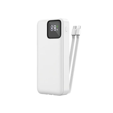 White power bank with digital battery display and USB‑C charging cable