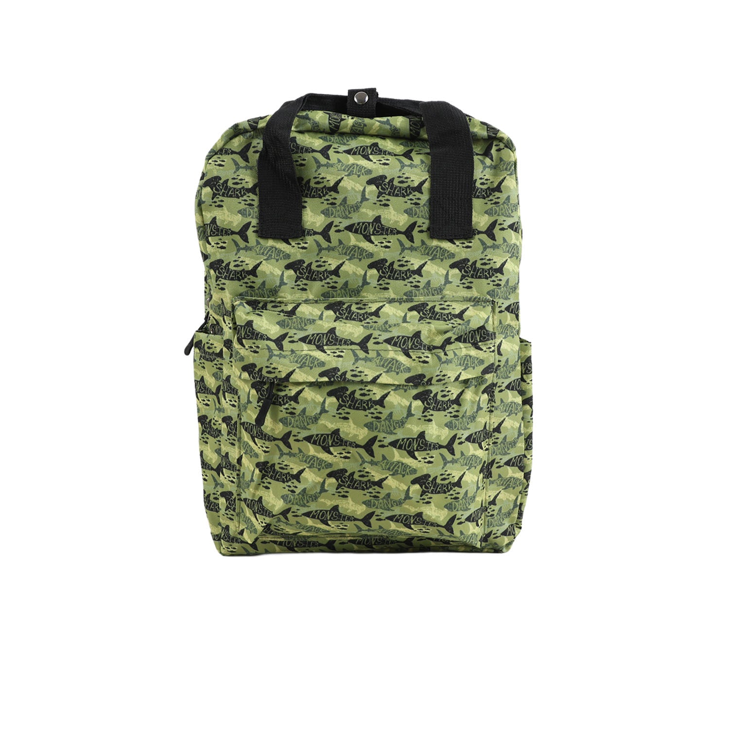 Green fish-pattern backpack with black top handle and adjustable shoulder straps