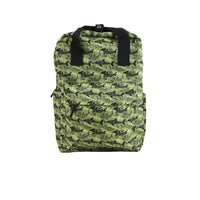 Green fish-pattern backpack with black top handle and adjustable shoulder straps