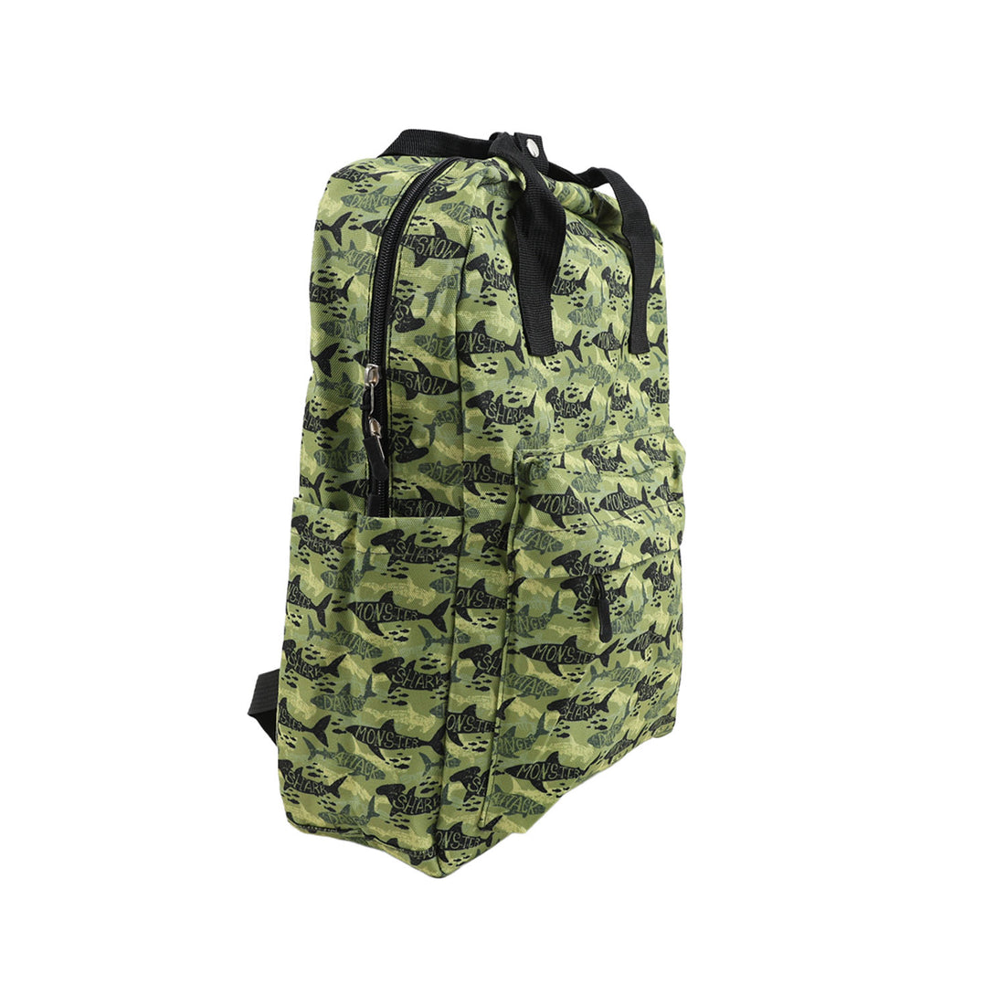 Green fish-print backpack with black side straps and front panel seam lines