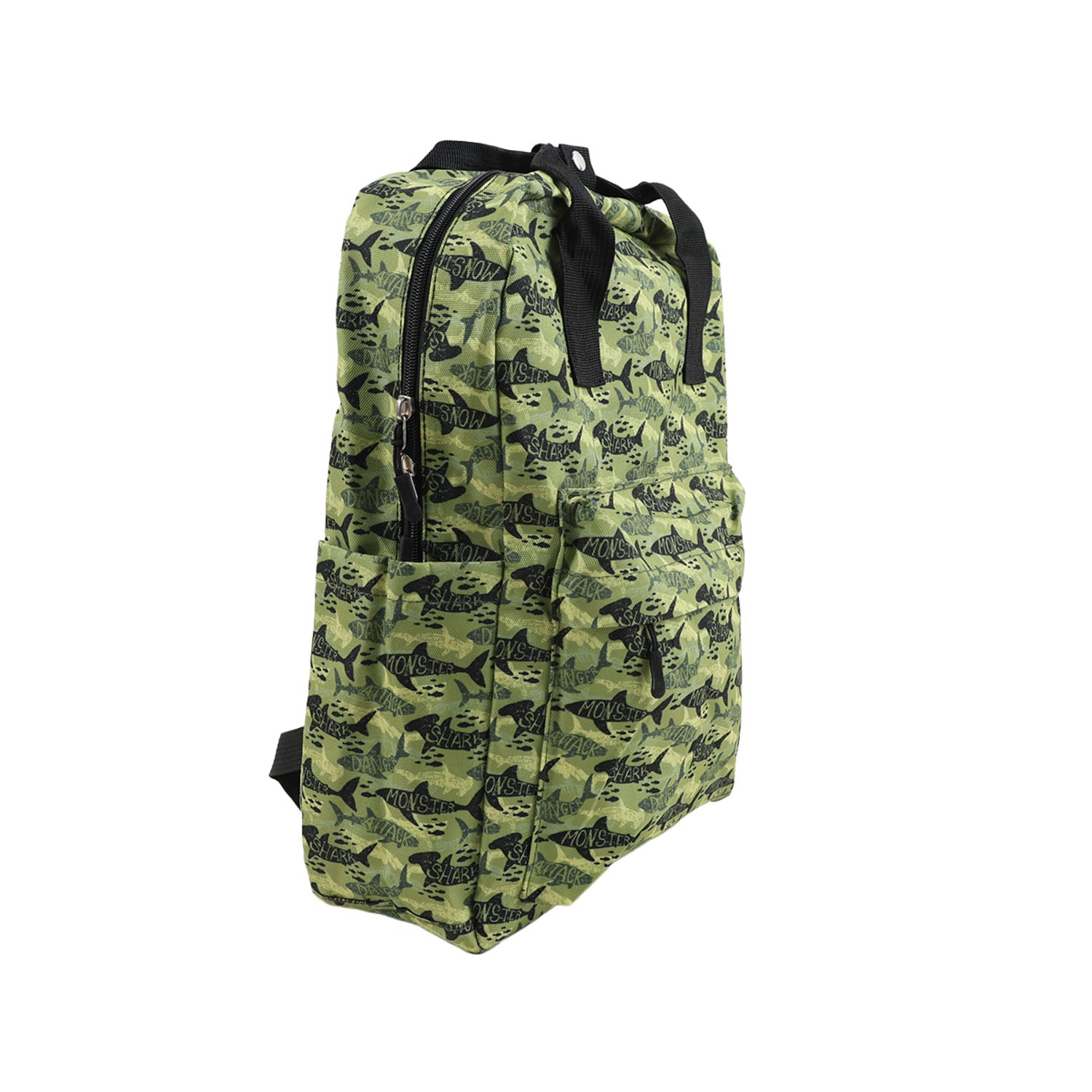 Green fish-print backpack with black side straps and front panel seam lines