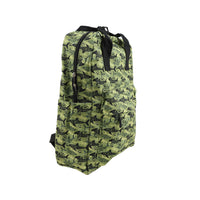 Green fish-print backpack with black side straps and front panel seam lines