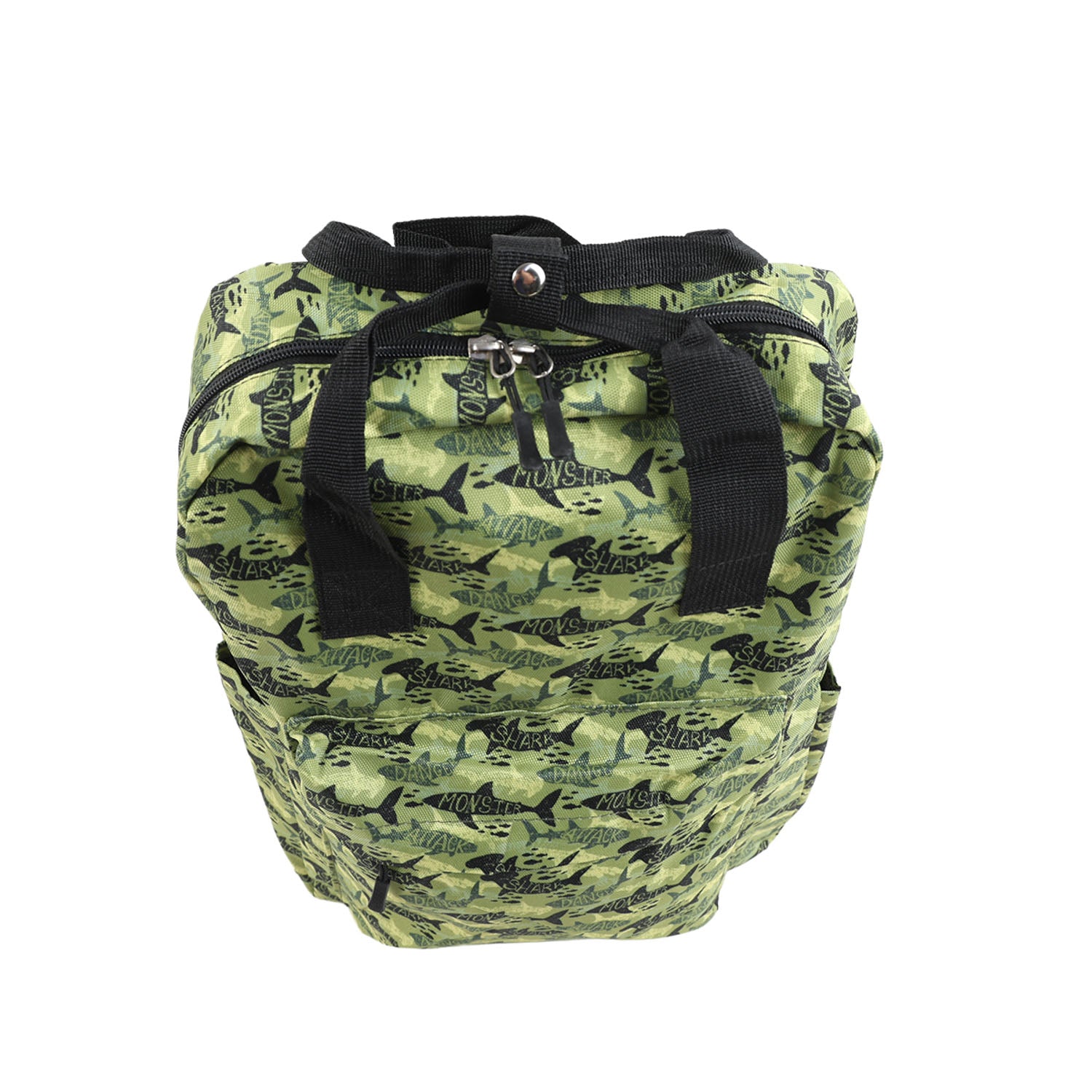 Green fish-pattern backpack with black drawstring closure and carry handles