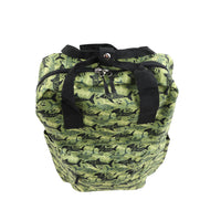 Green fish-pattern backpack with black drawstring closure and carry handles