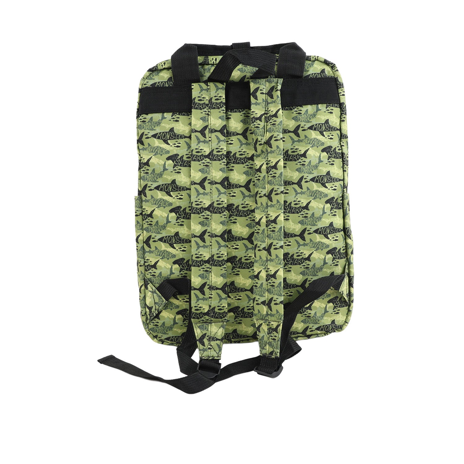 Green fish-print backpack with black back straps and bottom strap loops