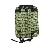Green fish-print backpack with black back straps and bottom strap loops