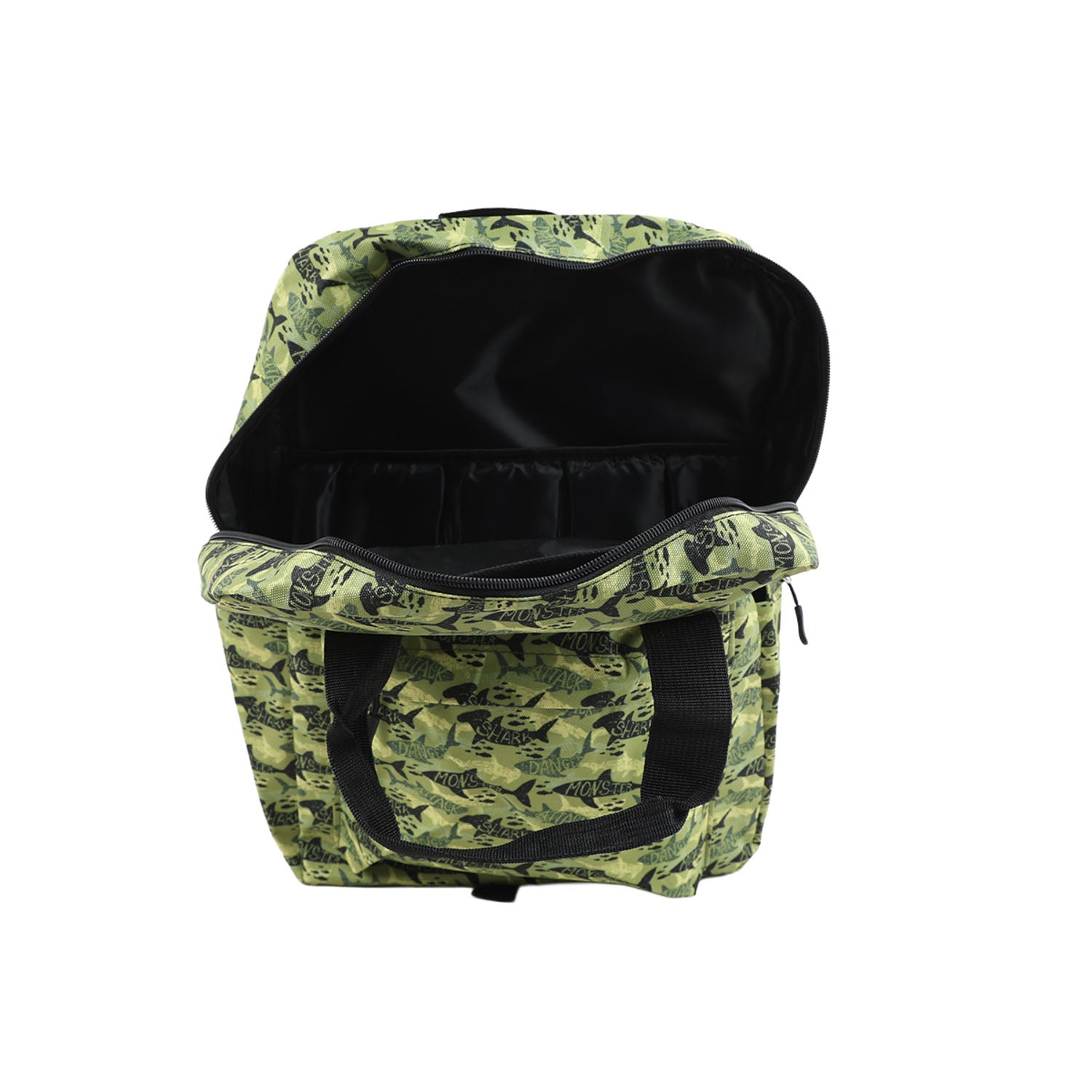 Green fish-print backpack with open top revealing black-lined interior pocket