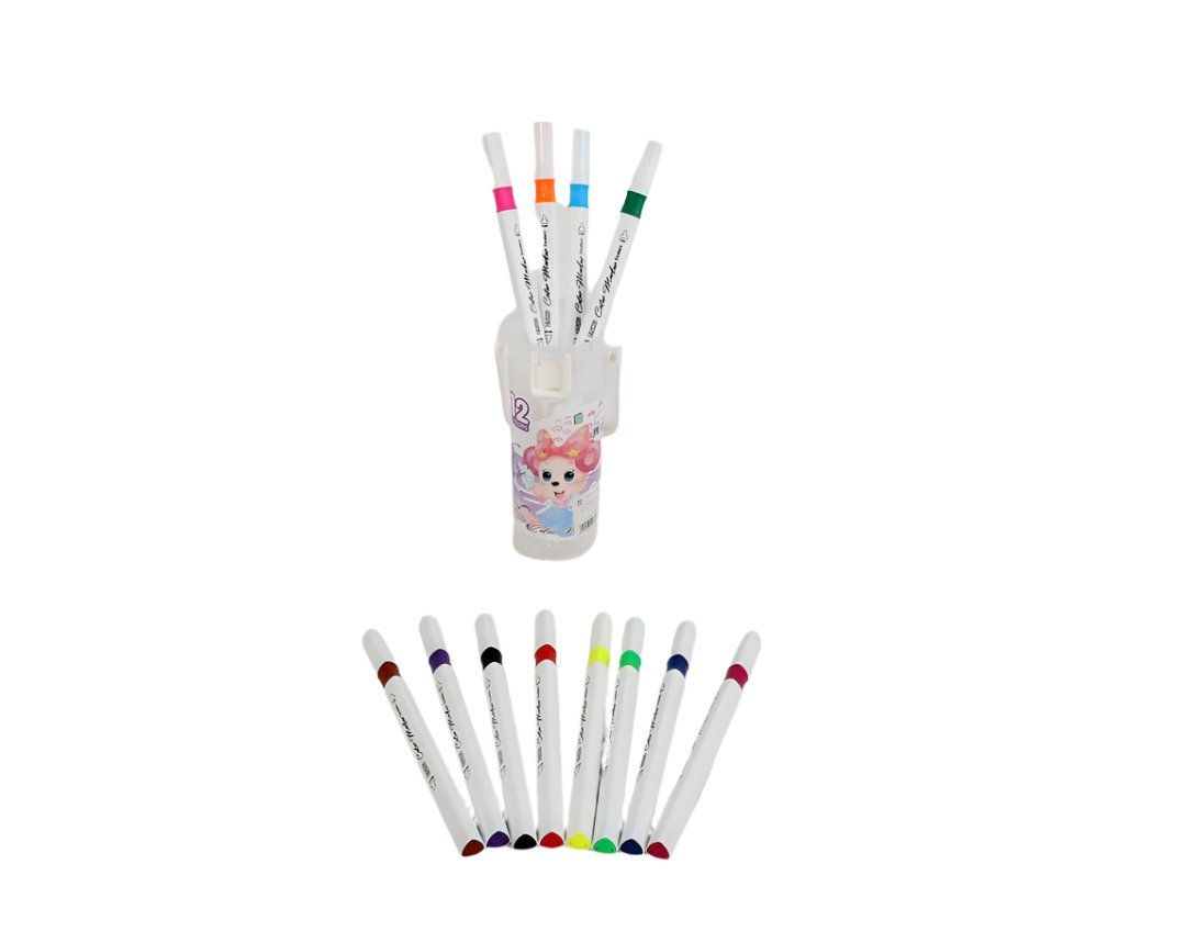 Portable case open with 12 color markers standing upright, showing colored tips