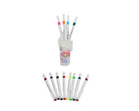 Portable case open with 12 color markers standing upright, showing colored tips