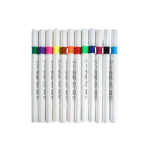Twelve white markers with multicolor tips, arranged in a row