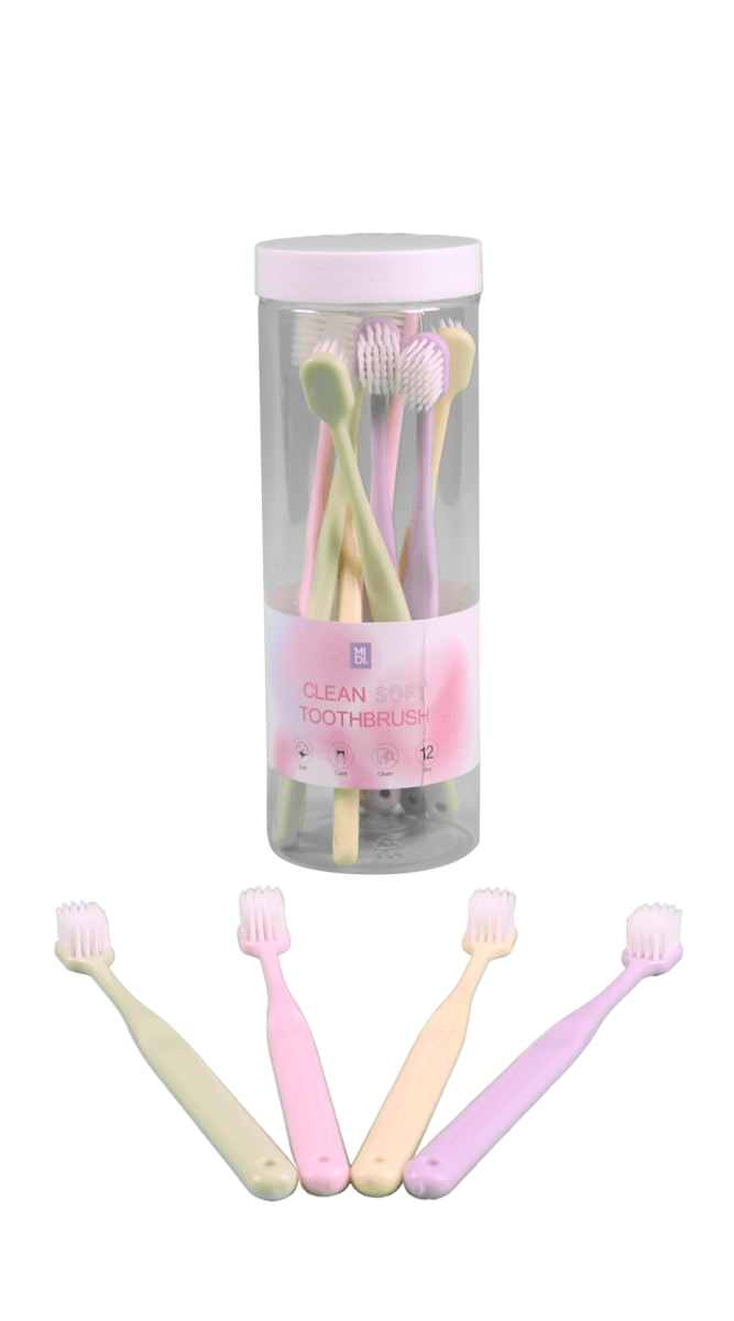 Canister with 12-pack soft toothbrushes and four pastel handles fanned outward