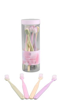 Soft toothbrushes with canister and four pastel handles fanned outward