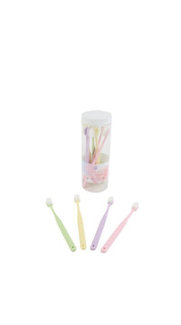 Soft toothbrushes with small canister and five pastel handles