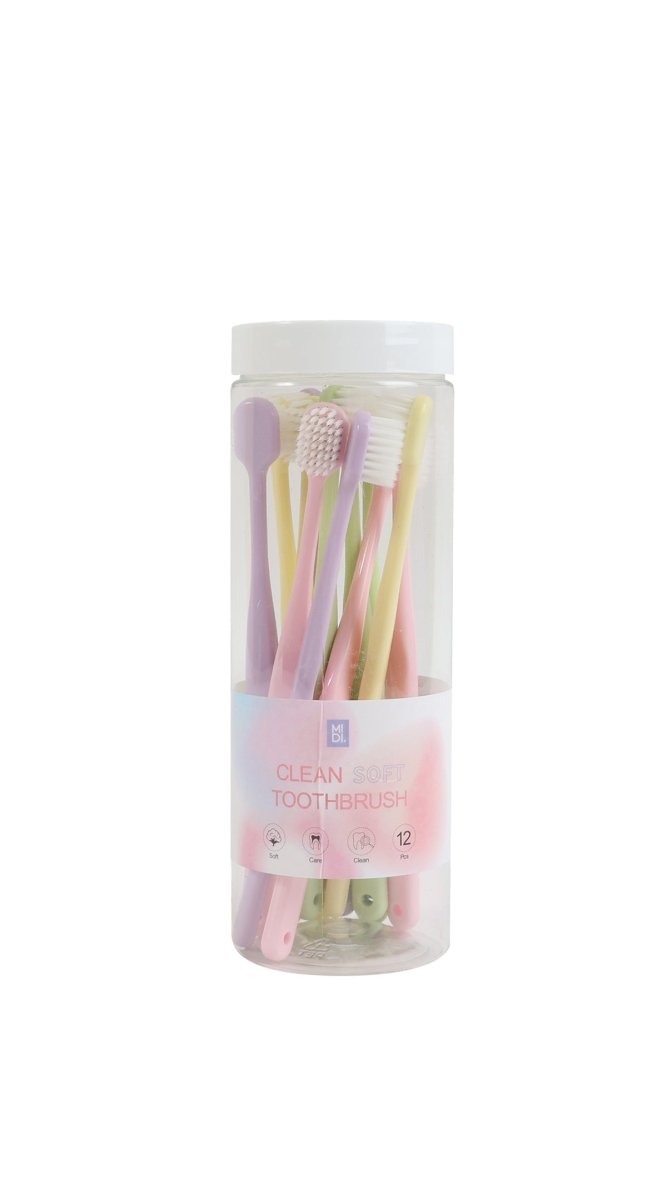 12-pack soft toothbrushes in clear canister with pastel handles