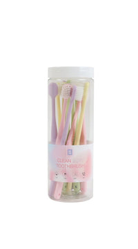 12-pack soft toothbrushes in clear canister with pastel handles