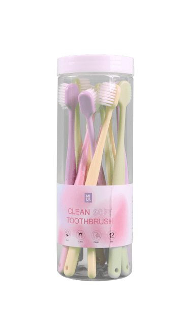 12-pack soft toothbrushes in clear travel canister with pastel colored handles