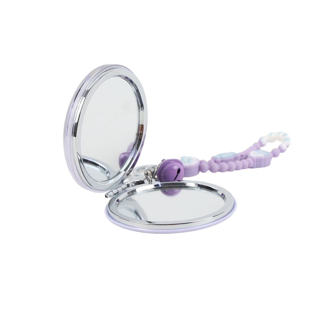 Round handheld mirror with lilac beaded strap and dog charm, two-sided reflective surface