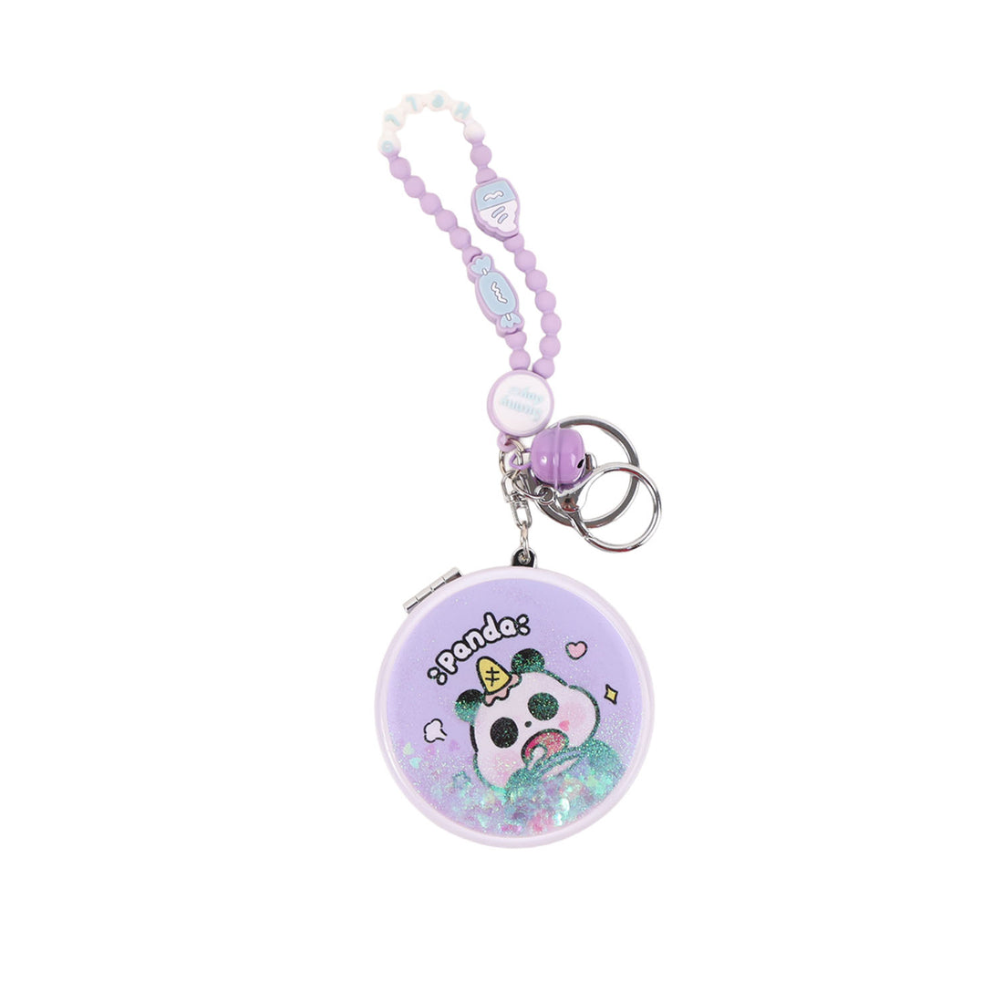 Round keychain mirror with lavender beaded strap and panda dog charm, glitter front