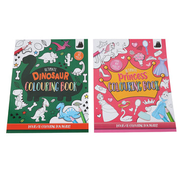 Easter-themed coloring book with two covers: dinosaur (green) and princess (pink)