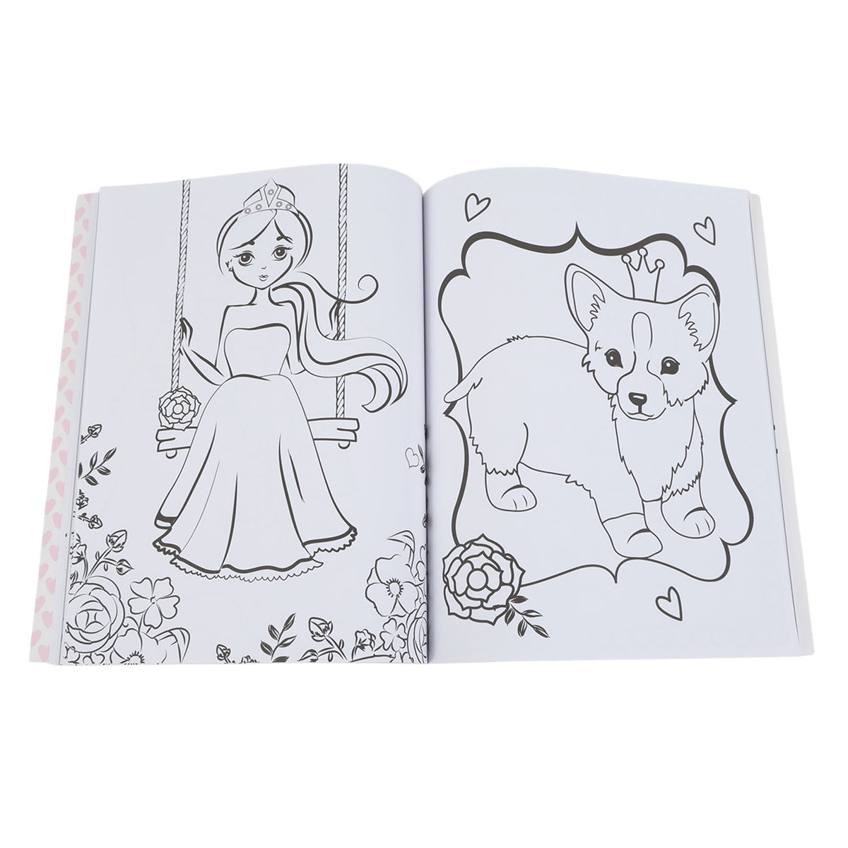Easter-themed coloring book, open pages with girl and puppy dog line drawings
