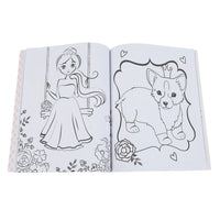 Easter-themed coloring book, open pages with girl and puppy dog line drawings