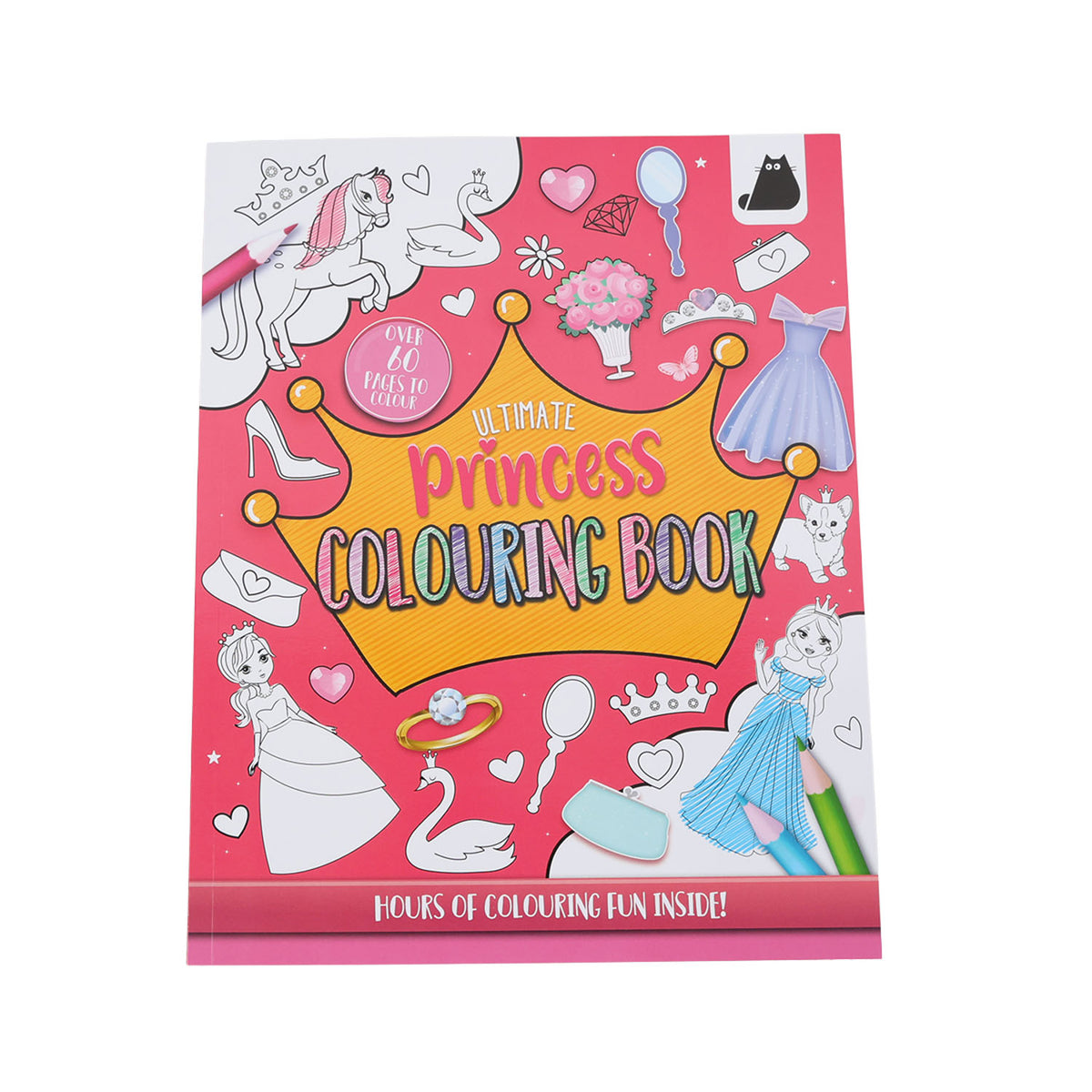 Easter-themed coloring book cover, pink Ultimate Princess with unicorn and hearts