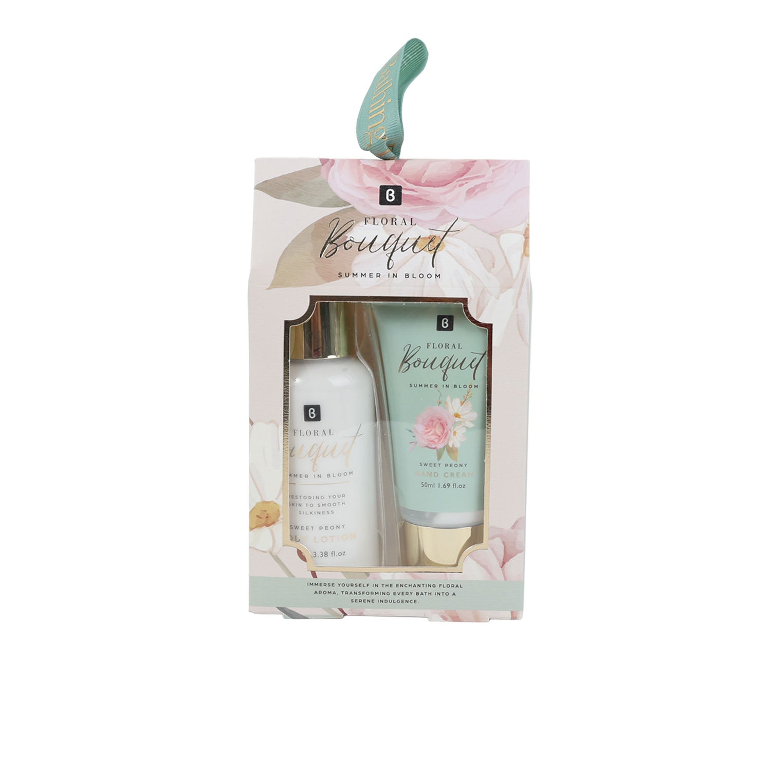 Floral bouquet gift set box with hand cream tube and body lotion bottle