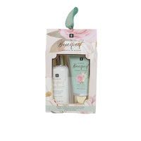 Floral bouquet gift set box with hand cream tube and body lotion bottle
