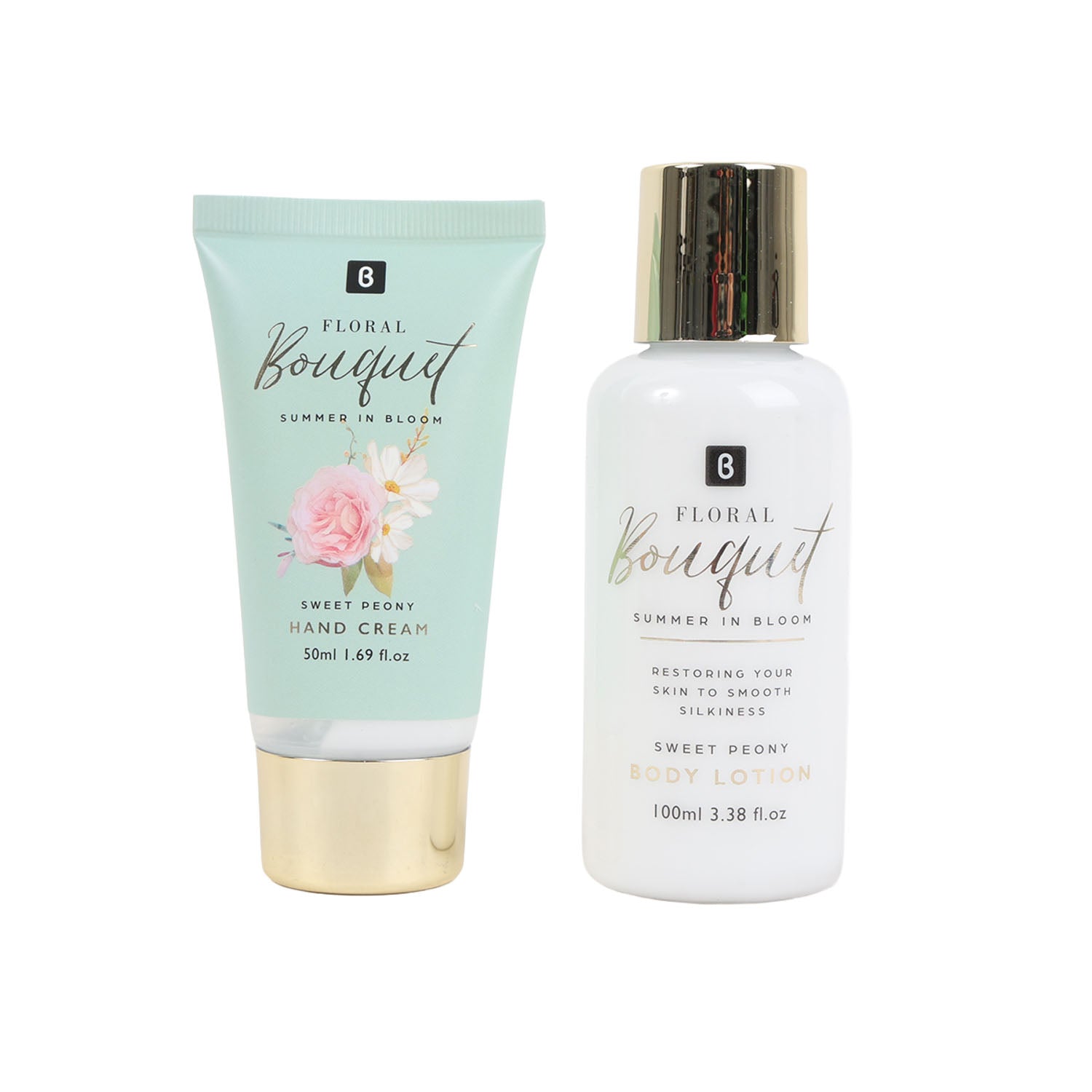 Floral bouquet gift set: mint hand cream tube and white body lotion bottle, 50/100ml