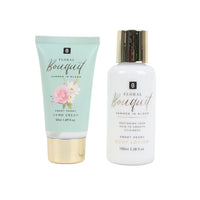 Floral bouquet gift set: mint hand cream tube and white body lotion bottle, 50/100ml