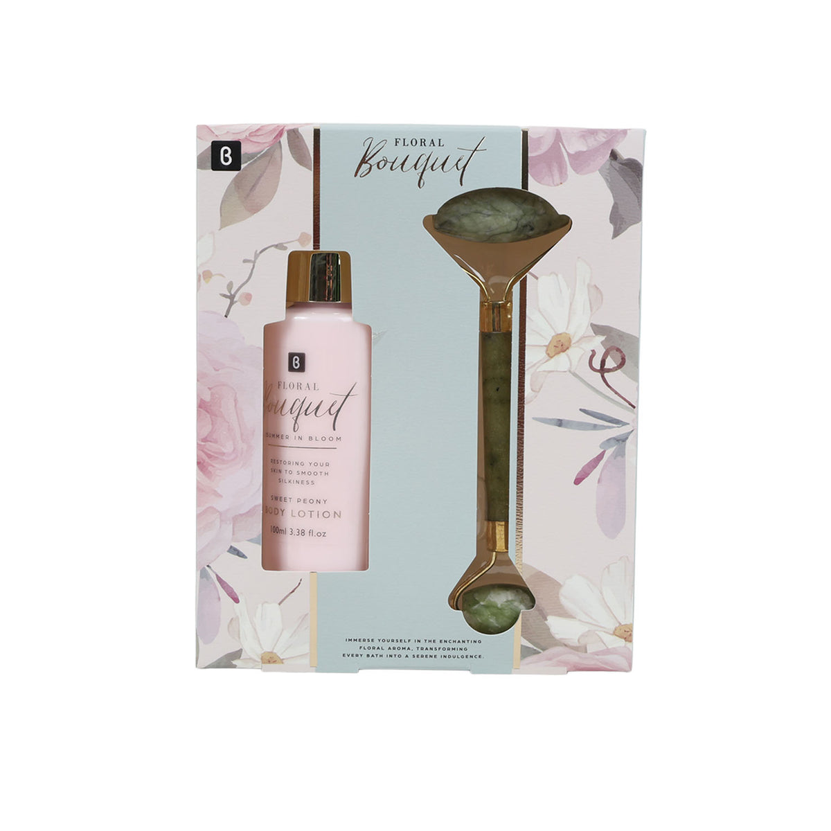 MASCUBE body lotion and jade face roller gift set in floral box