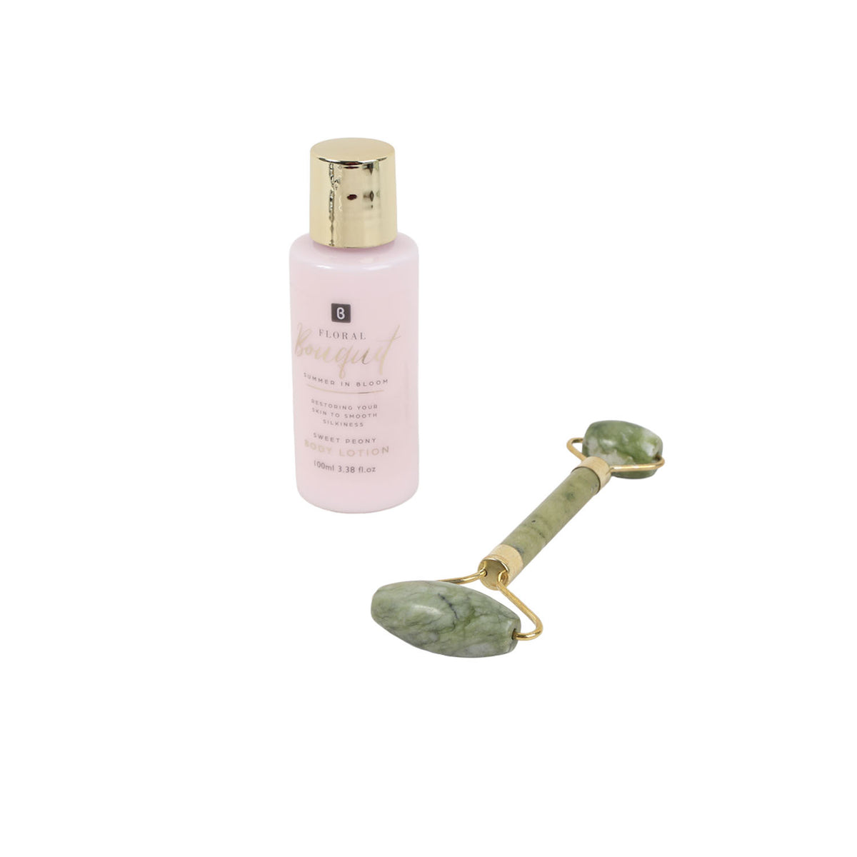 MASCUBE pink body lotion bottle with gold jade face roller