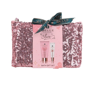 BELLE Luxury love bath gift set box with sequined pink pouch and two tubes