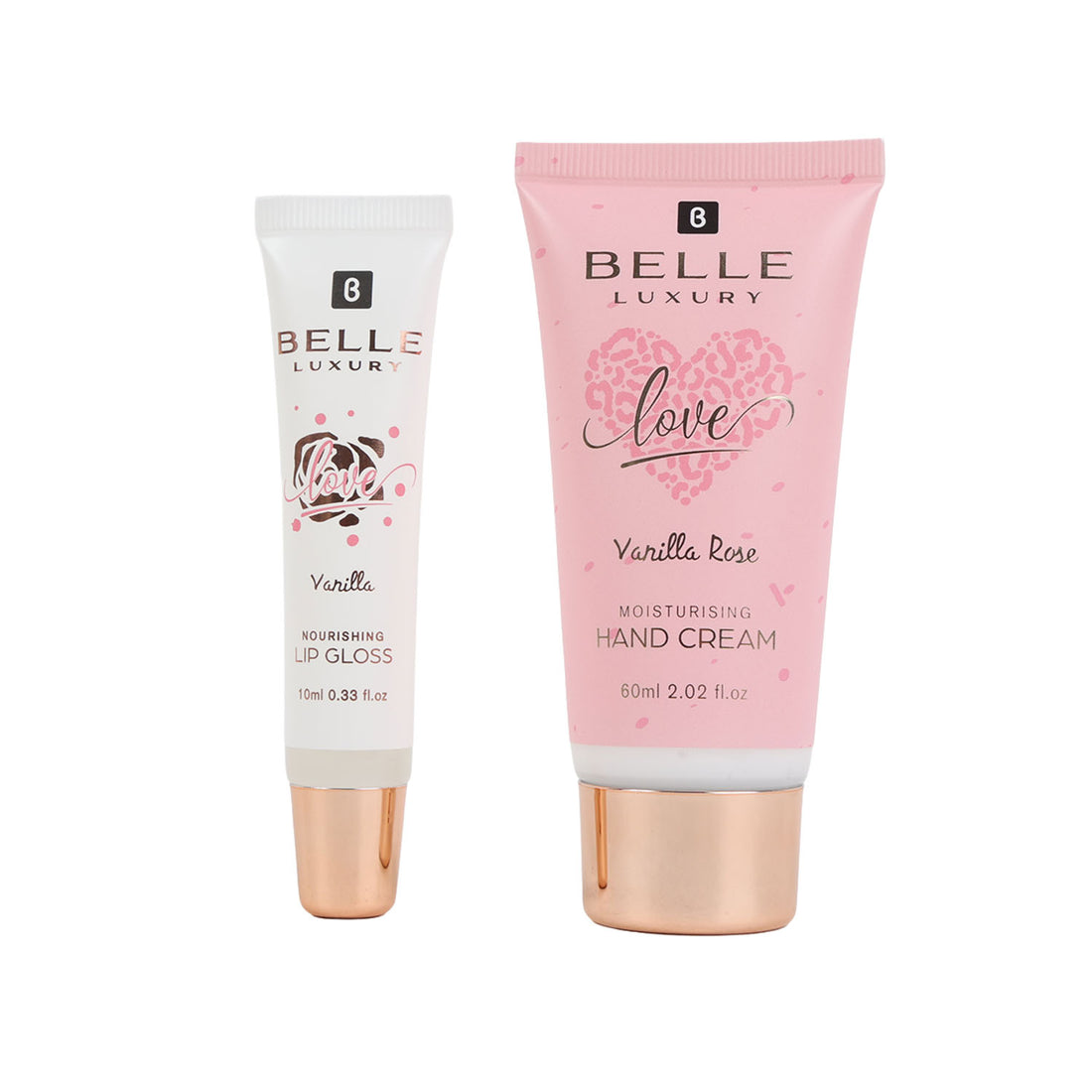 BELLE Luxury love hand cream and nourishing lip gloss tubes, vanilla rose scent