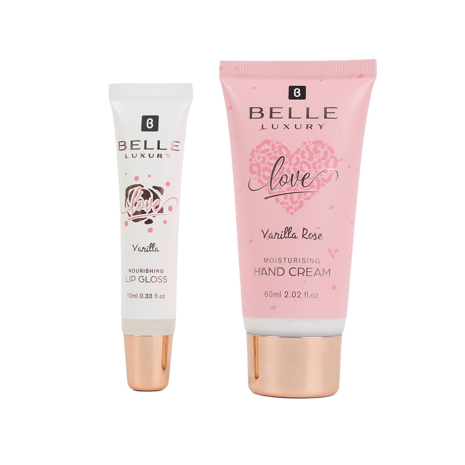 BELLE Luxury love hand cream and nourishing lip gloss tubes, vanilla rose scent