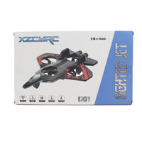 Foam remote control aircraft retail box with illustrated black plane and red markings