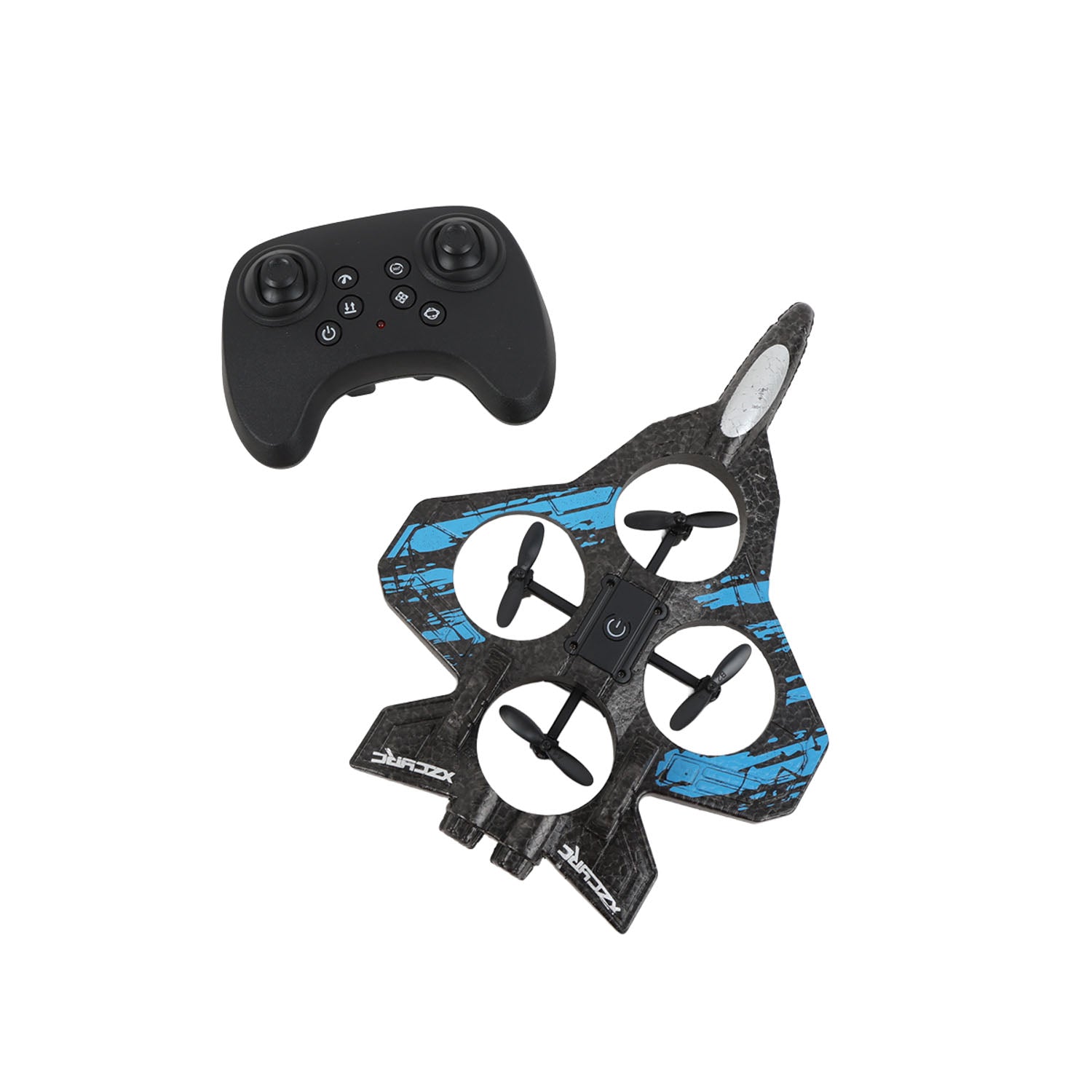 Foam remote control aircraft with black body and blue pattern plus black controller