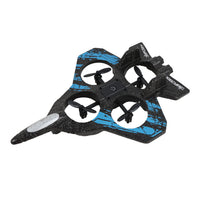 Foam remote control aircraft with four propellers, black-and-blue patterned wings