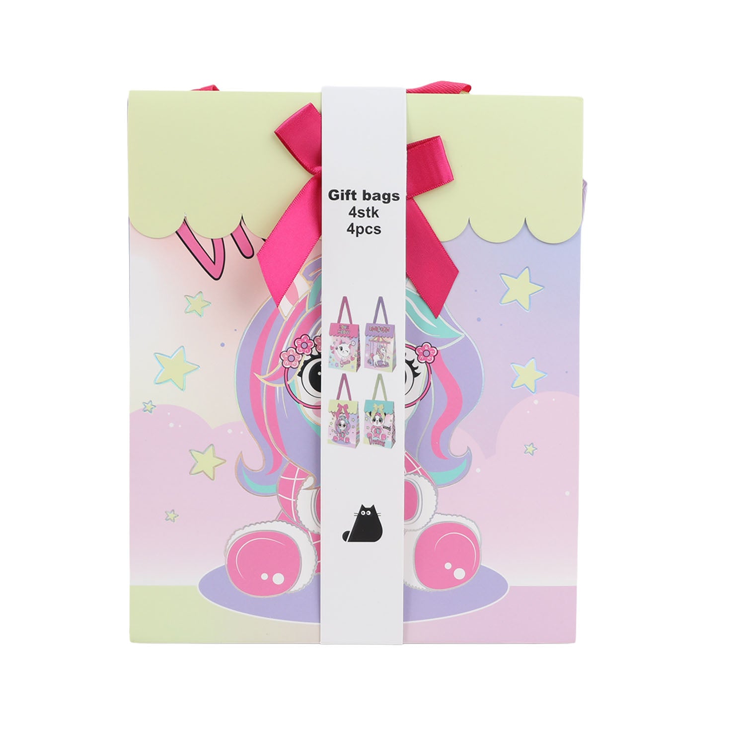 Set of 4 unicorn-themed gift paper bags with pink ribbon bows