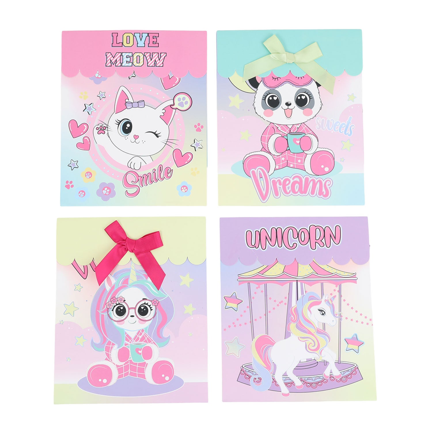 Set of 4 cartoon animal gift paper bags, unicorn and panda designs