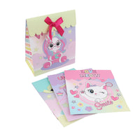 Set of 4 pastel gift paper bags with unicorn graphics and ribbon bows