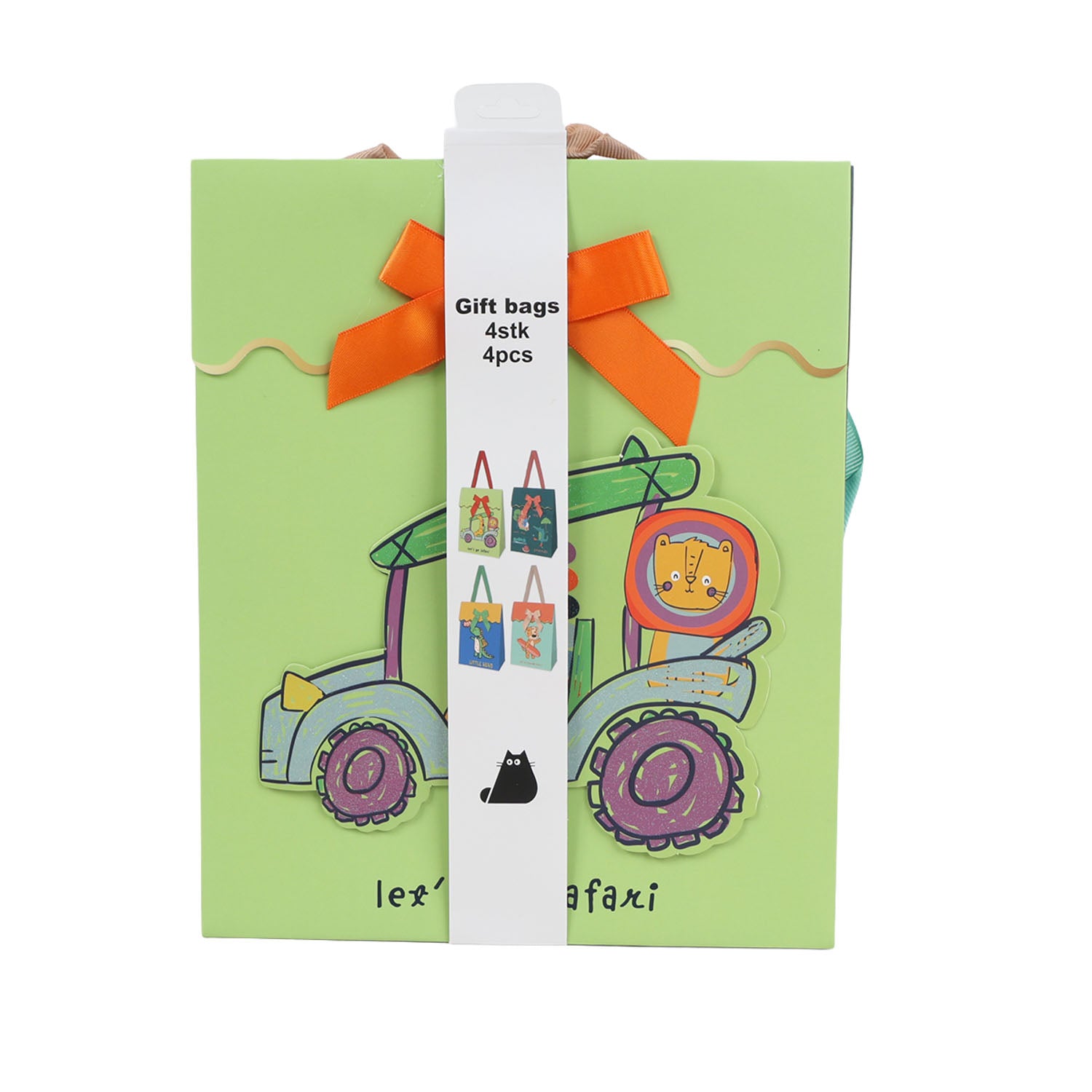 Green illustrated gift bags with orange ribbon bows, animal art on front panels