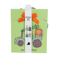 Green illustrated gift bags with orange ribbon bows, animal art on front panels