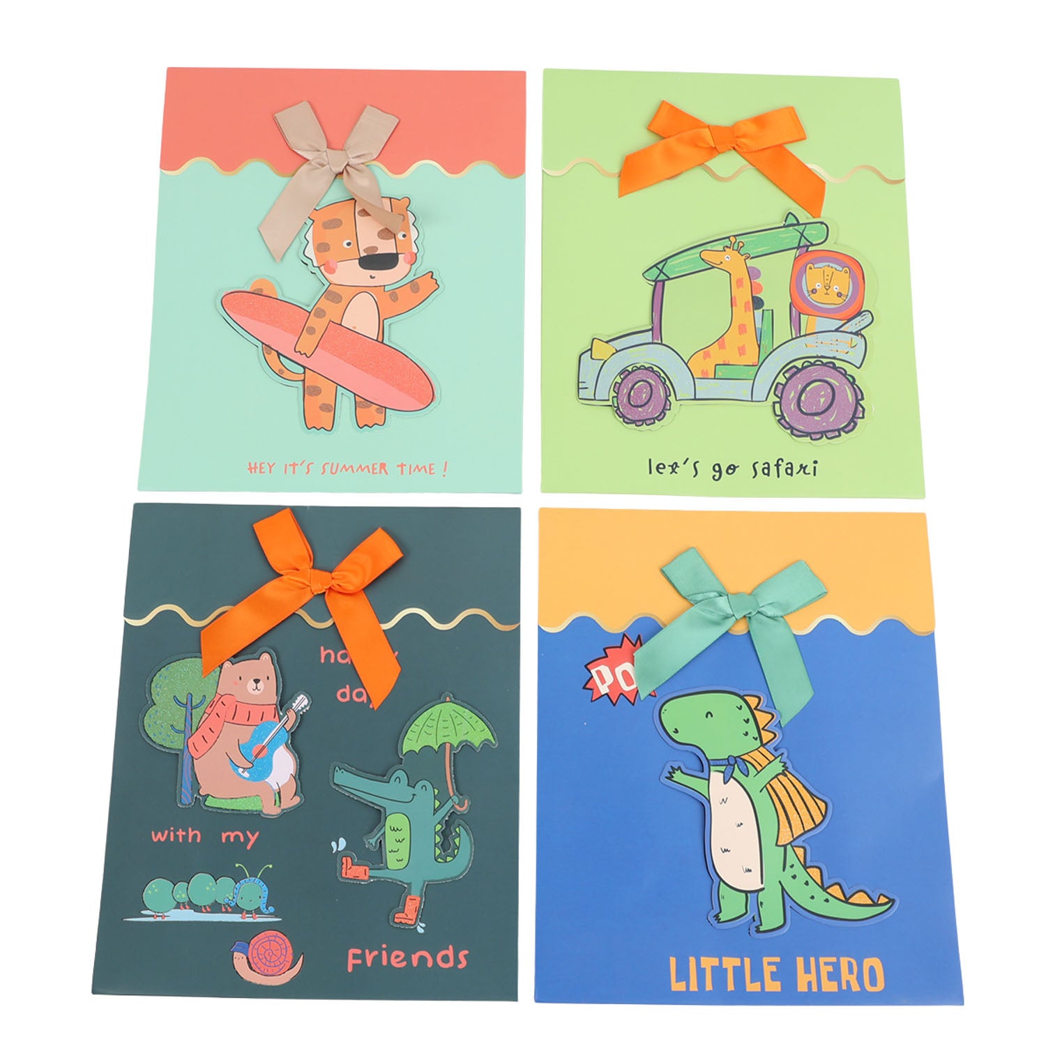 Four illustrated gift bags in teal, green, dark, and blue with ribbon bows