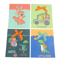 Four illustrated gift bags in teal, green, dark, and blue with ribbon bows