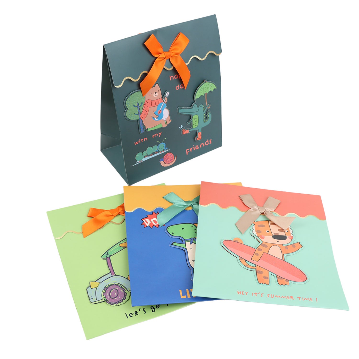 Set of illustrated gift bags with orange satin ribbon bows, multiple colors in stack